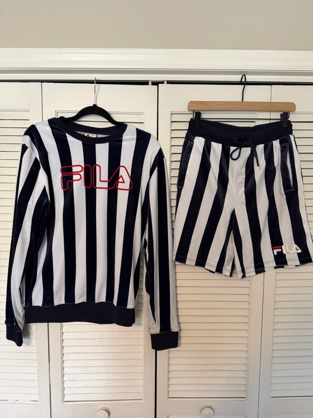 FILA Black & White Striped Velour Sweatsuit Set